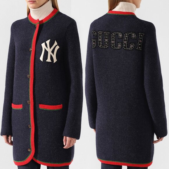 GUCCI CARDIGAN LONG SWEATER NY YANKEES LOGO PATCH WOOL ALPACA sz S SMALL - Picture 2 of 16